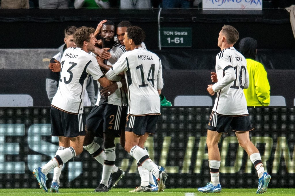 Philadelphia, PA - Antonio Rudiger #2 of Germany celebrates scoring his team's first goal against Mexico during the first half at Lincoln Financial Field on Tuesday, Oct 17, 2023. (Photo by Carl Gulbish/Philadelphia Soccer Now)