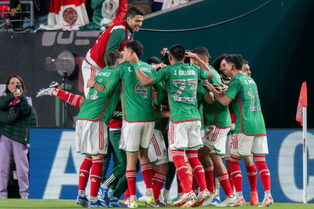 Philadelphia, PA - Mexico celebrates scoring their team's second goal against Germany during the second half at Lincoln Financial Field on Tuesday, Oct 17, 2023. (Photo by Carl Gulbish/Philadelphia Soccer Now)