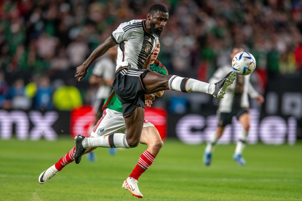 Philadelphia, PA - Antonio Rudiger #2 of Germany takes the ball away from Hirving Lozano #22 of Mexico during the first half at Lincoln Financial Field on Tuesday, Oct 17, 2023. (Photo by Carl Gulbish/Philadelphia Soccer Now)